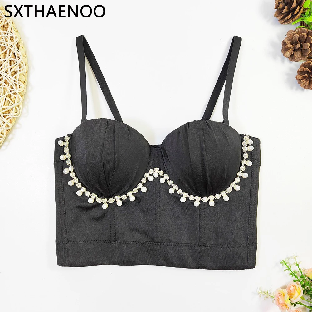 SXTHAENOO Women Pearl Drill Chain Crop Tops Sexy Nightclub New Sleeveless Solid Color Short Bustier Pretty Pleated Design Corset