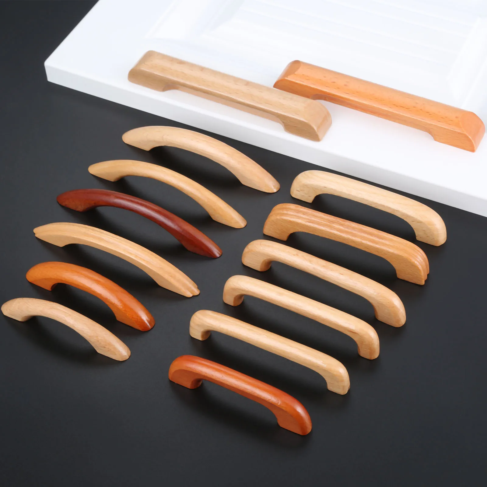 1pc Wood Handle Pull With Screws 64mm/96mm/128mm Kitchen Cabinet Cupboard Door Drawer Knob Furniture Hardware Red/nature Color