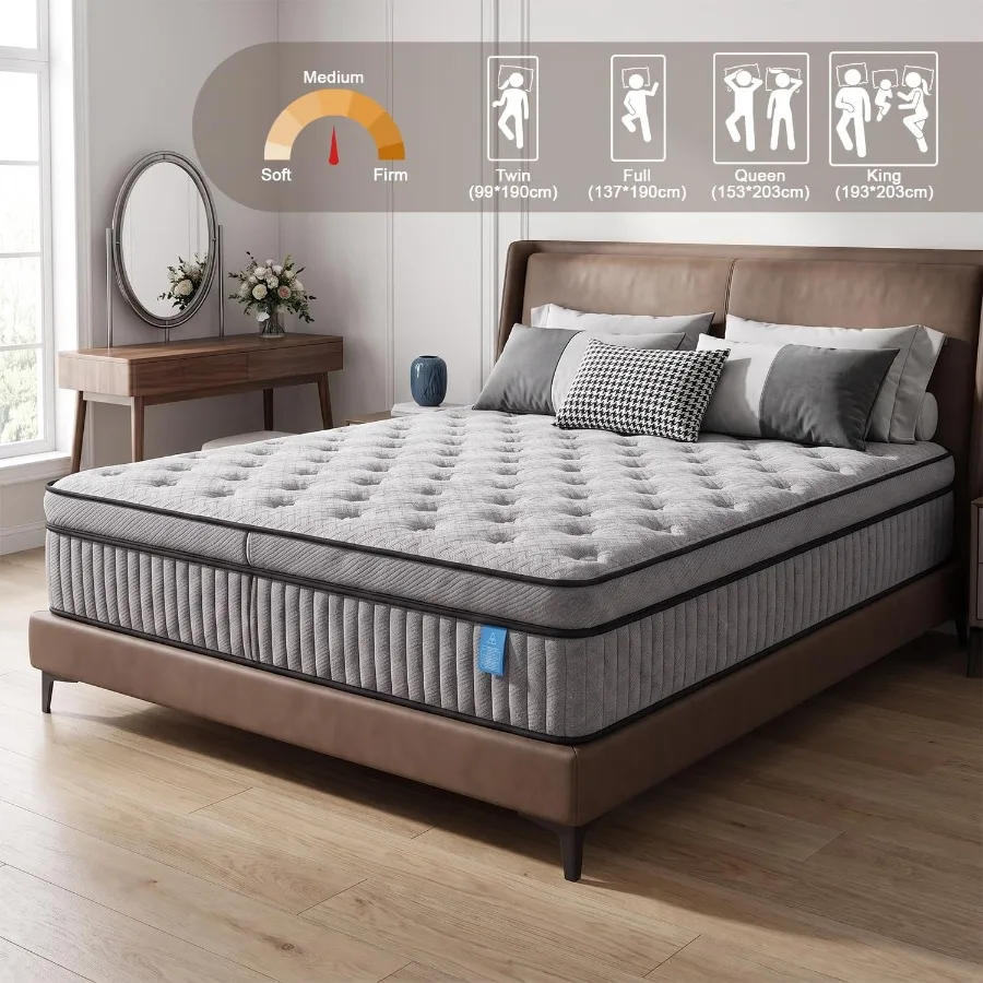 Full Mattress for Bedroom Use, Hybrid with Pocket Coils Breathable Foam, Medium Firm, 14 Inch, CertiPUR-US Certified, Pressure