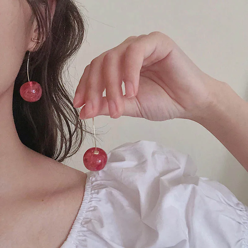 New Cute Fruit Cherry Stud Eearring For Women Temperament Sweet Crystal Resin Red Dangle Party Jewelry Wholesale