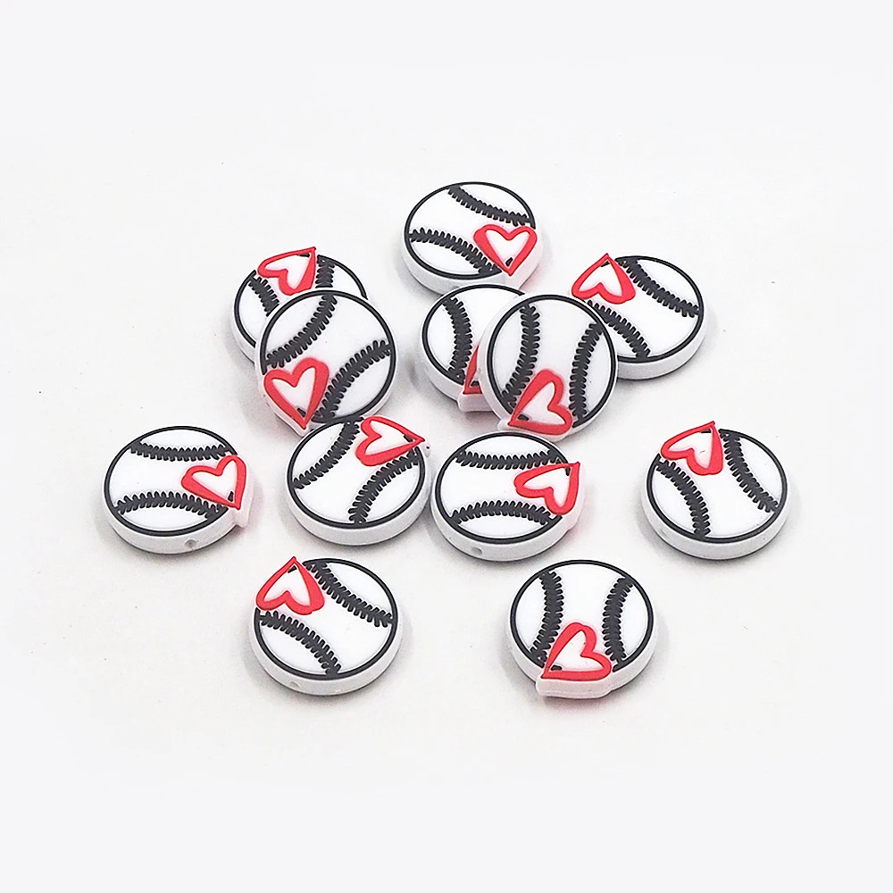 Chenkai 10PCS Love Baseball Beads Silicone Charms Focal Beads For Beadable Pen Character Beads For DIY Pacifier Dummy Chain