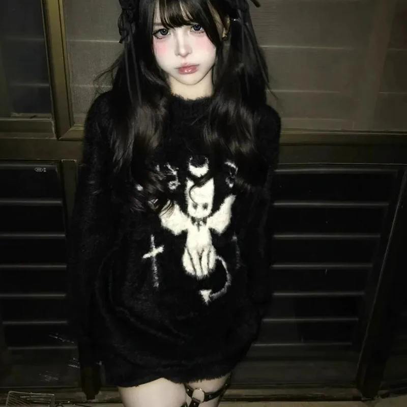 Women American Anime Knitted Sweater Faux Mink Fleece Long Sleeve Black Pullover Gothic Fluffy Sweet Warm Harajuku Y2K Top
