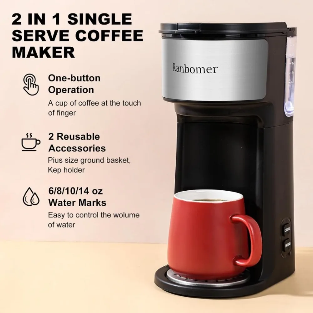 Single Serve Coffee Maker, K Cup and Ground Coffee Machine 2 in 1, 6 to 14 Oz Brew Sizes, Mini One Cup Coffee Maker，Black