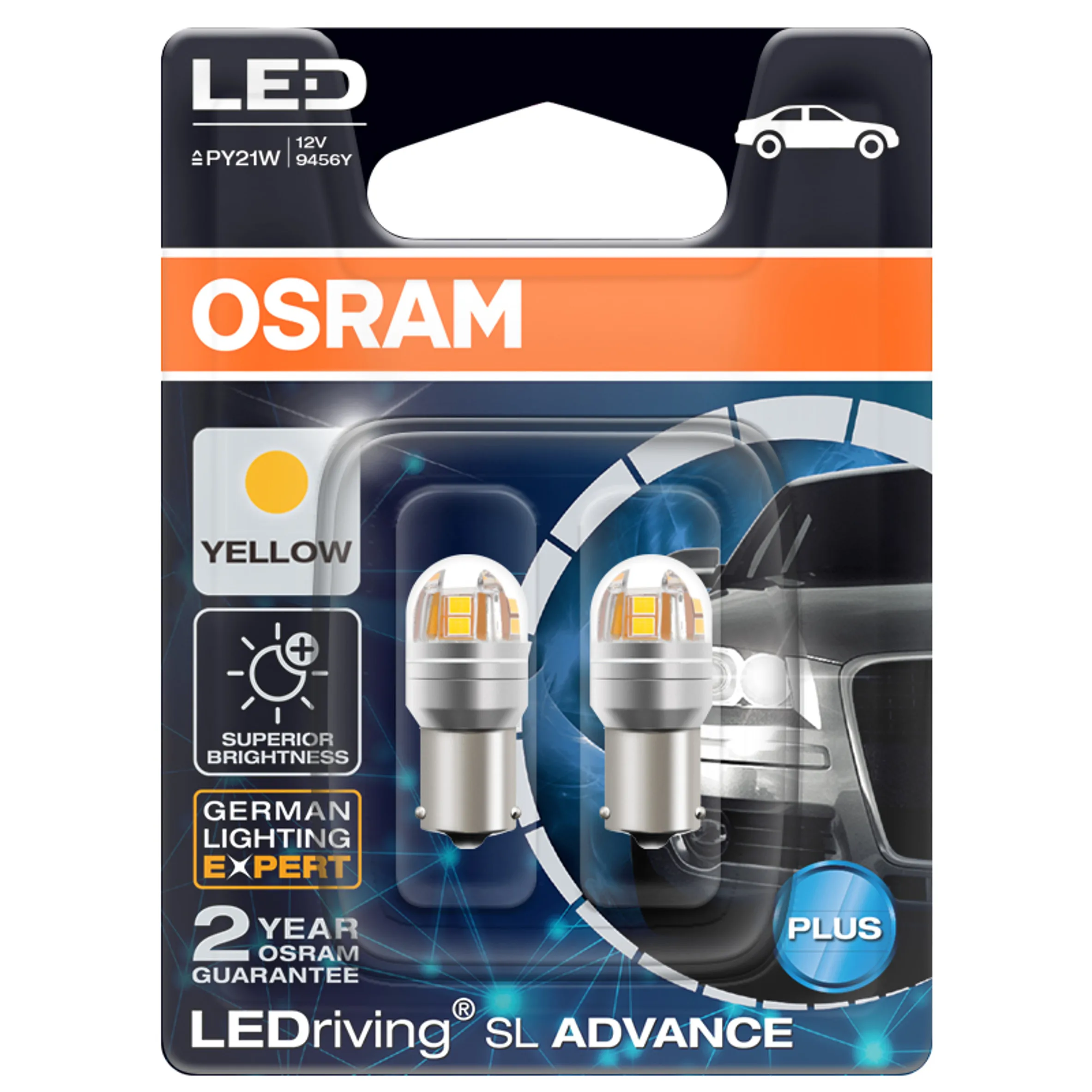 OSRAM LEDriving SL Advance LED P21W PY21W BAU15s Luz de señal de giro para coche, Color amarillo y ámbar, lámparas traseras de actualización S25 1156 9456Y, 2x