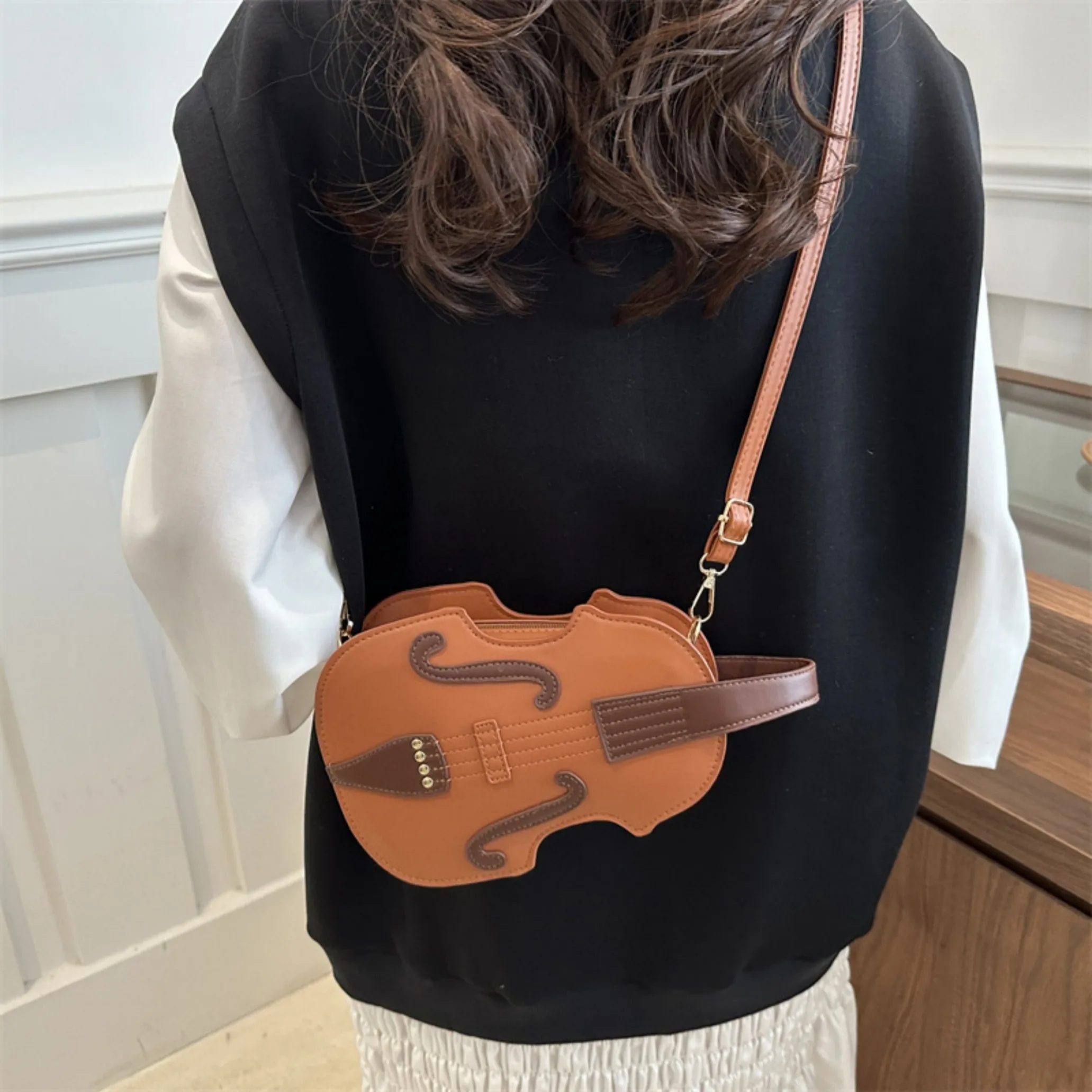 Novelty Violin Shape Crossbody Bag, Ladies Pu Shoulder Bag, Stylish Saddle Bag, Multi-Use Sports & Music Score Bag