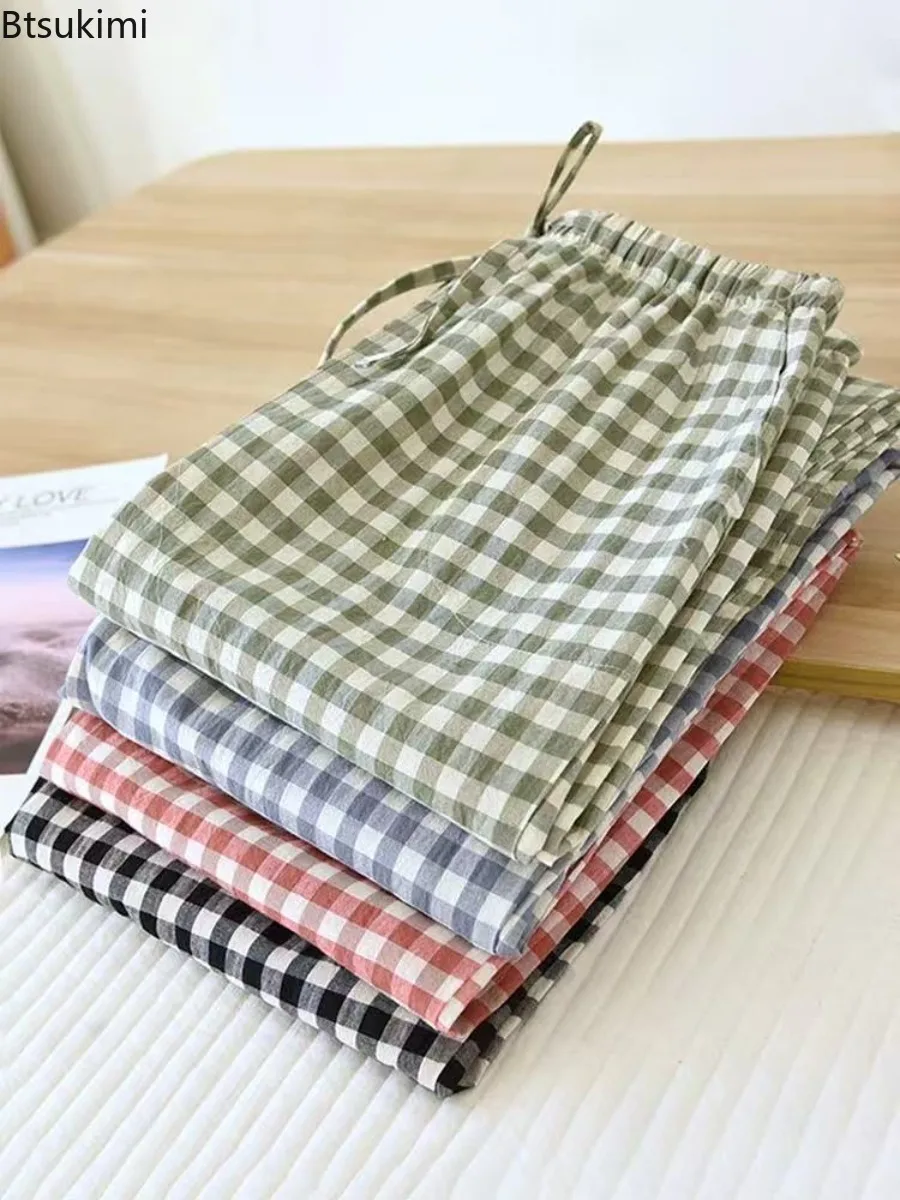 

2025 Couple's 100% Cotton Pajamas Pants Roomwear Plaid Printed Household Pants with Pockets Spring and Autumn Male Home Clothing