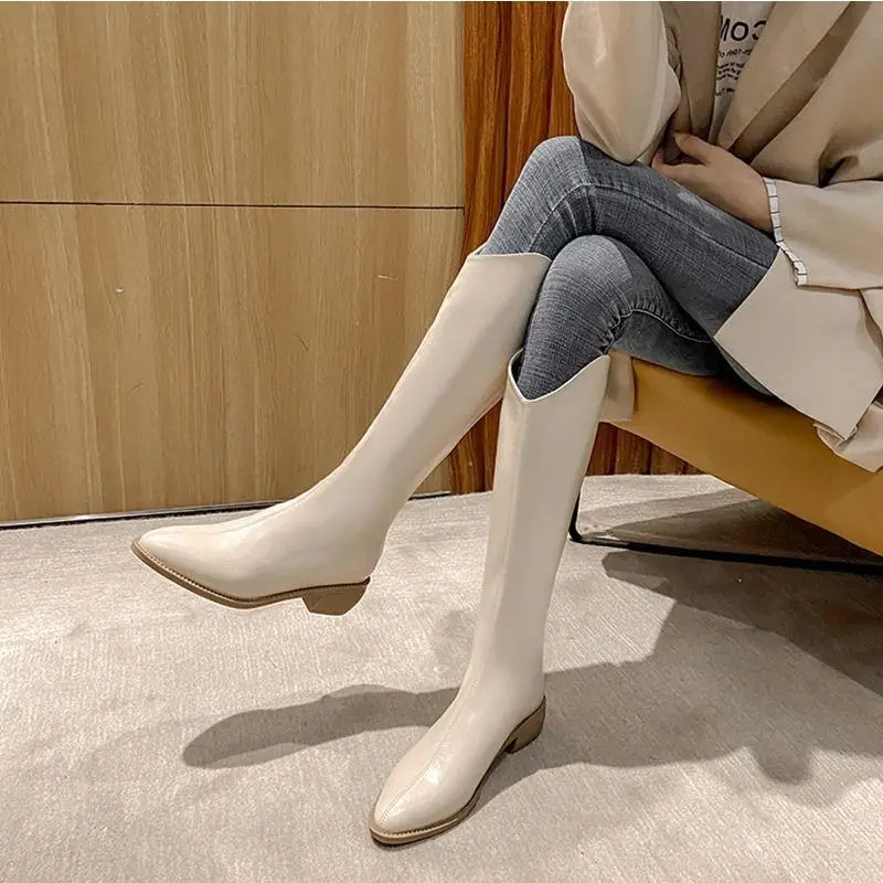 Shoes for Women Biker Black Long Pointed Toe Winter Knee High Shaft Footwear Ladies Boots Work Gothic Chic and Elegant Cosplay