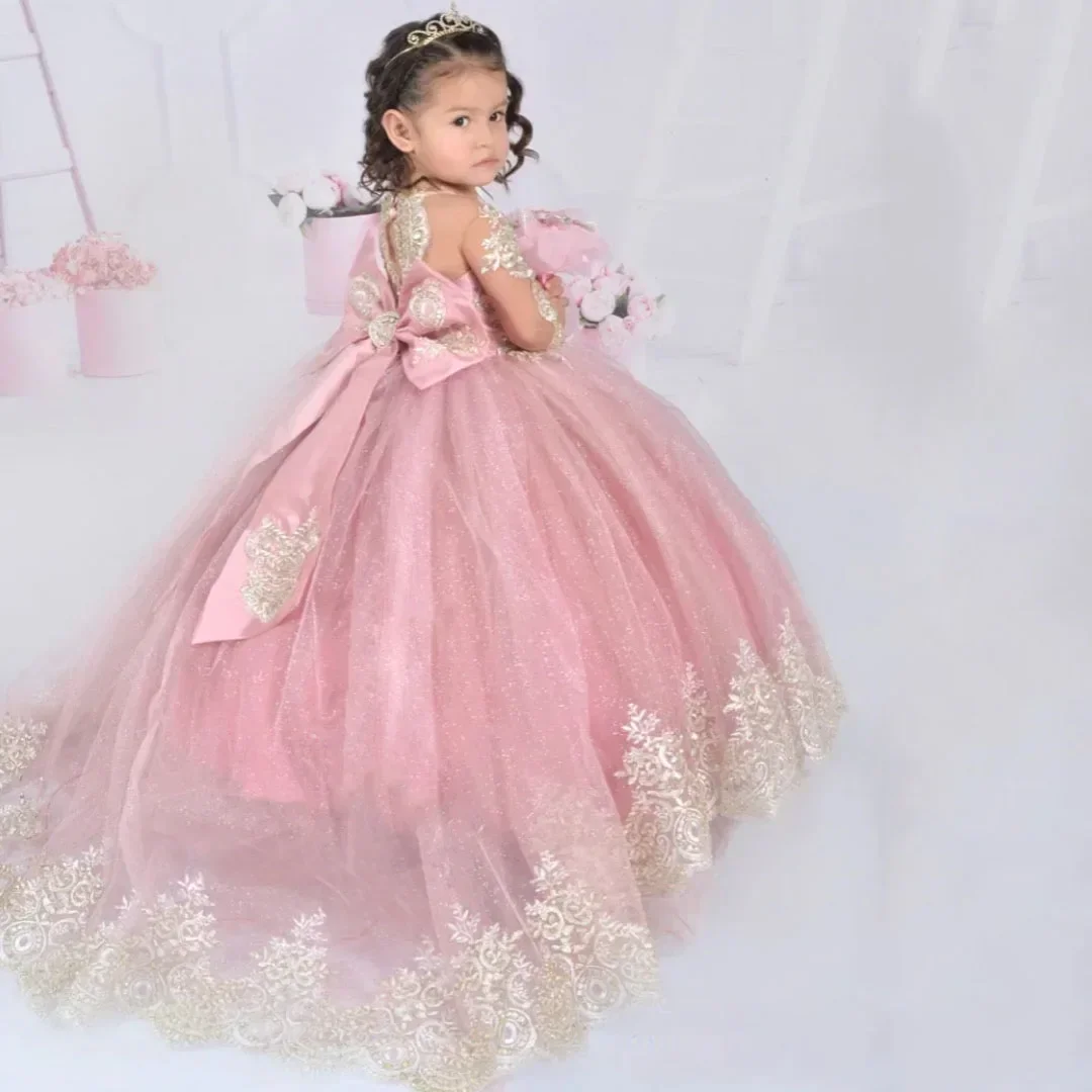 Con lazo de manga larga para boda, fiesta de cumpleaños, vestidos de comunión, vestidos de niña de flores personalizados de color rosa, apliques dorados