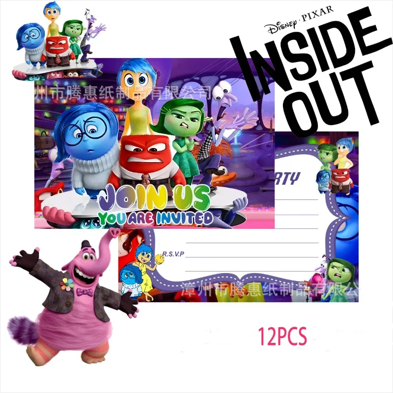 Disney-tarjetas de invitación para fiesta de cumpleaños, 12 piezas, Inside Out 2, figuras de dibujos animados, Joy Anger, suministros para fiesta de cumpleaños, tarjetas de felicitación bonitas