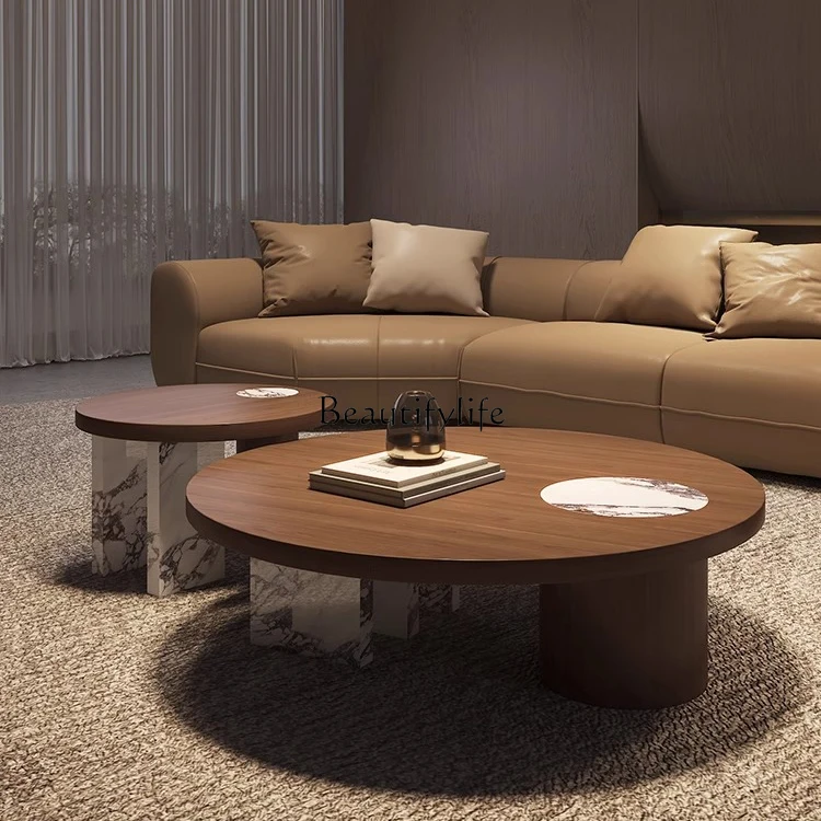 

Italian coffee table living room household round light luxury modern walnut premium