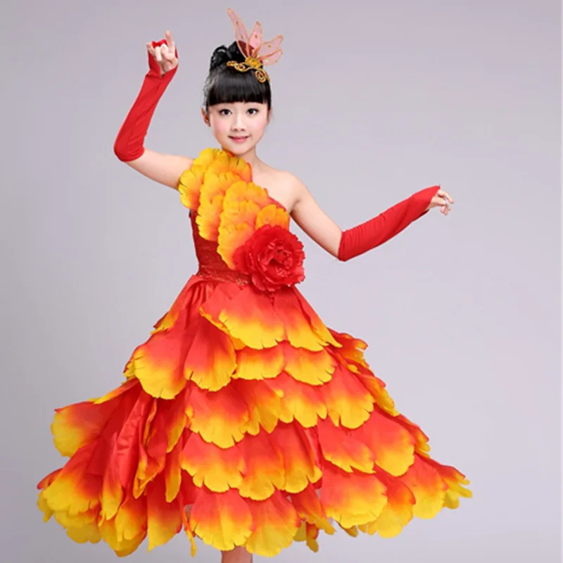 

1pcs/lot Girls Spanish Bullfight Flamenco Dance Dresses For Kids Girls Long Robe Peony Dress performance Costumes