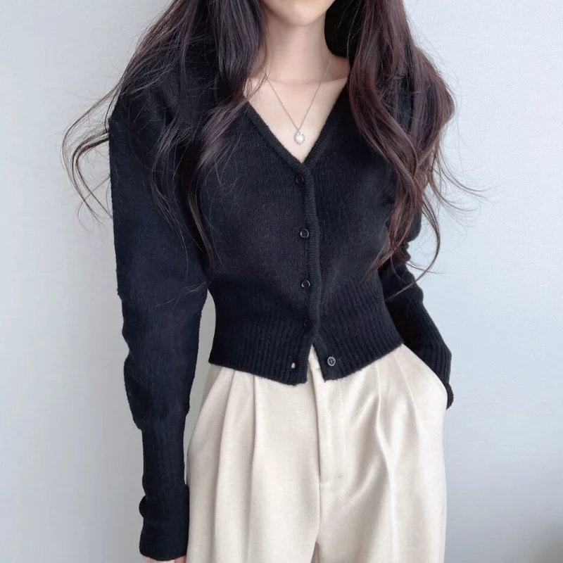 

Вязаный кардиган с v-образным вырезом для женщин, весенне-осенний свитер, узкая талия, обтягивающий модный короткий топ для похудения