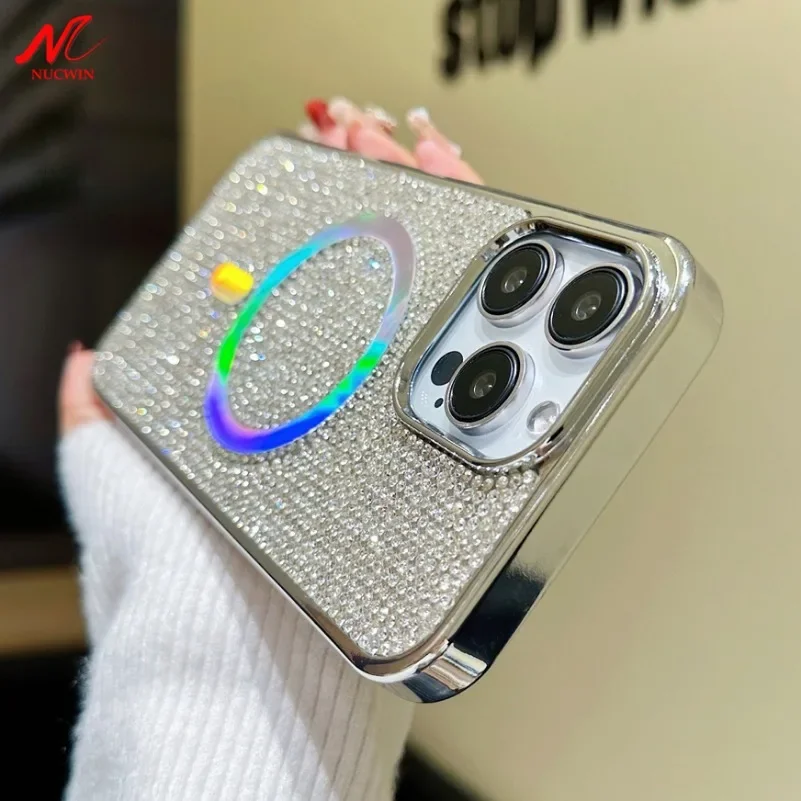 Luxury Diamond Magsafe Case for iPhone 15 16 Pro Max Plus Bling Shinny Electroplate Magnetic Cover for iPone 11 12 13 14 Pro Max