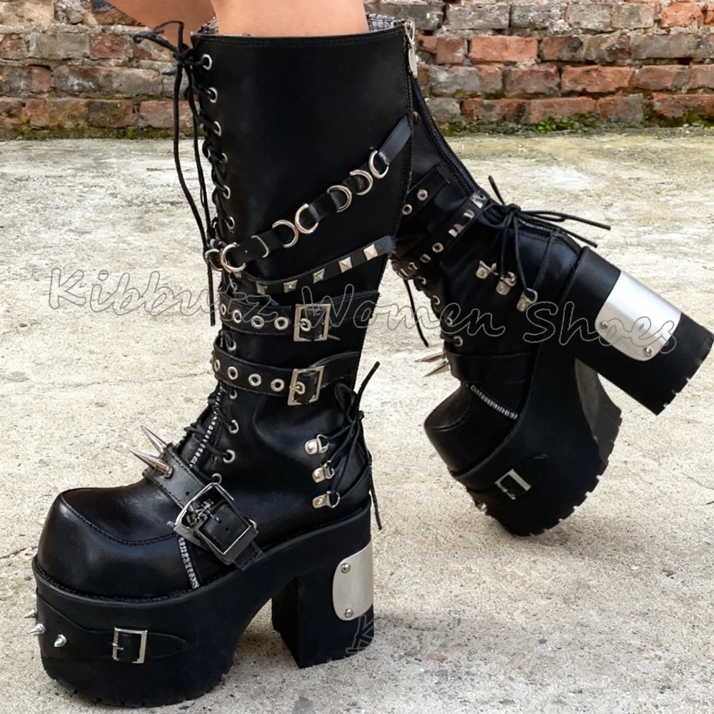 حذاء برقبة للركبة منصة المسامير الشرير الصخرة الجدة موضة موجزة مثير جولة تو صندل بكعب مكتنز النساء أحذية جلدية بلون جديد #1