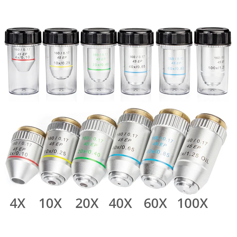 Objectif semi-plano achromatique 195 mm Distance entre les images 4X/10X/20X/40X/60X/100X pour microscope biologique 160/0.17 45EP