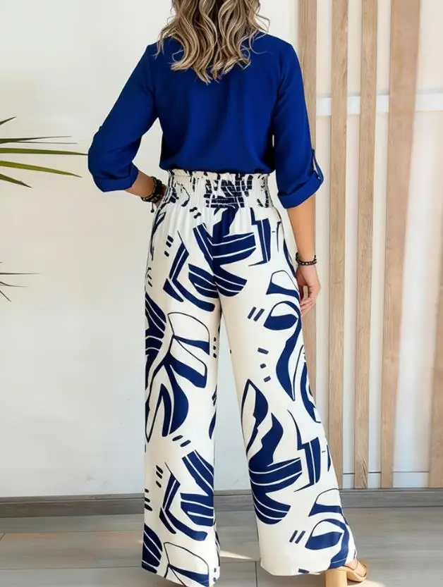 Neues zweiteiliges Damen-Langarmhemd mit Stehkragen und lässige Hose mit Blumenmuster und weitem Bein und Taschen für den Herbst 2022