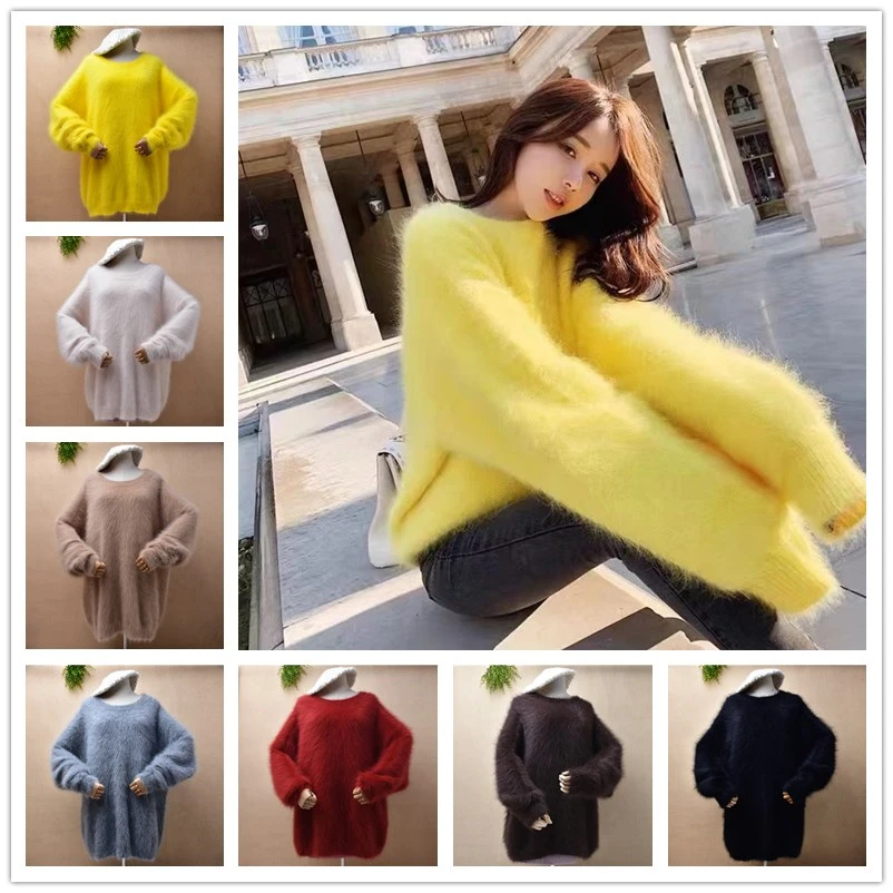 Elegant casual ladies women 100% mink cashmere knitted o-neck long batwing sleeves loose lazy oaf angora fur jumper sweater pull