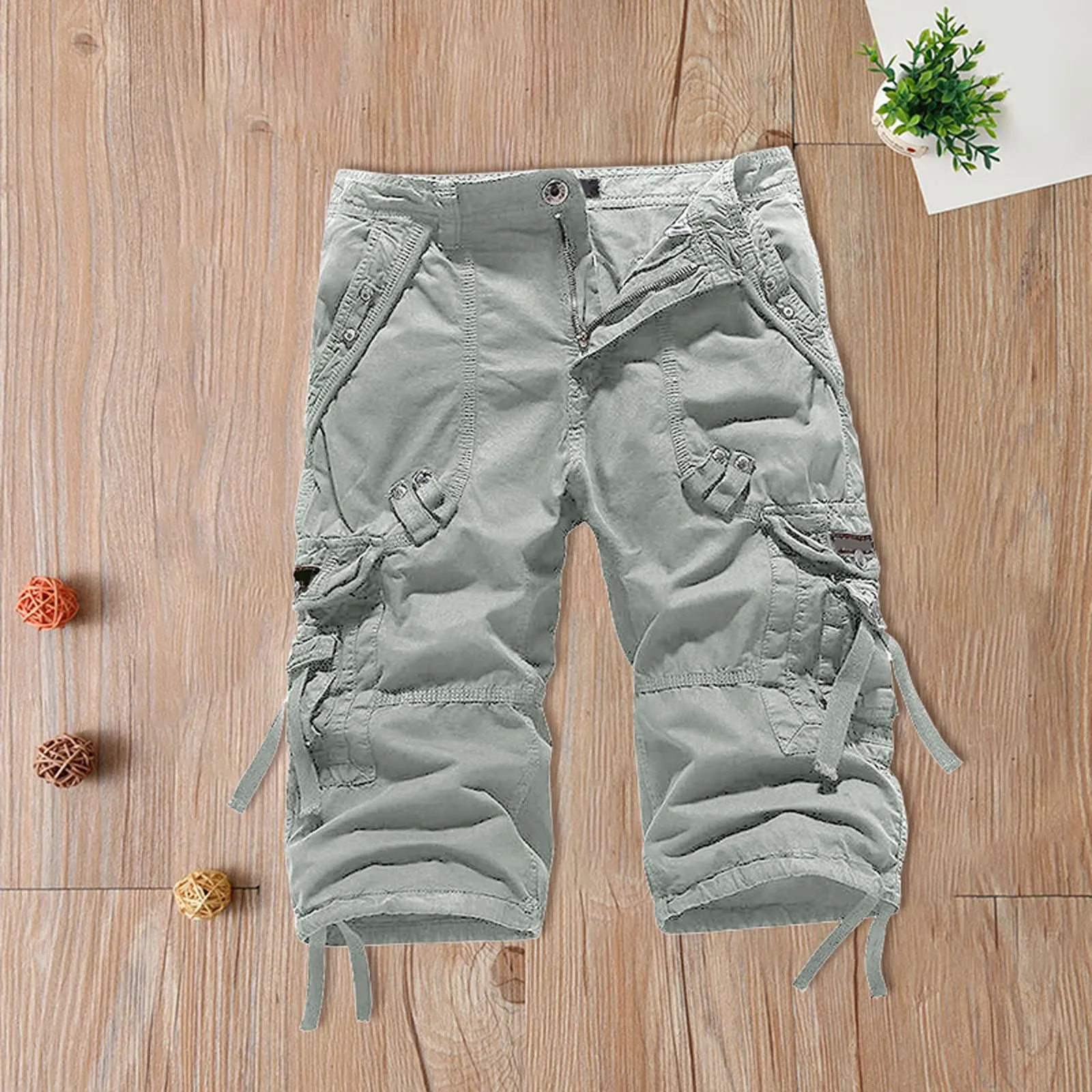 Men's Spring And Summer Leisure Sports Solid Color Multi Pocket Trouser Leg Hanging Rope Tool Seven Minute Shorts Jean Cut