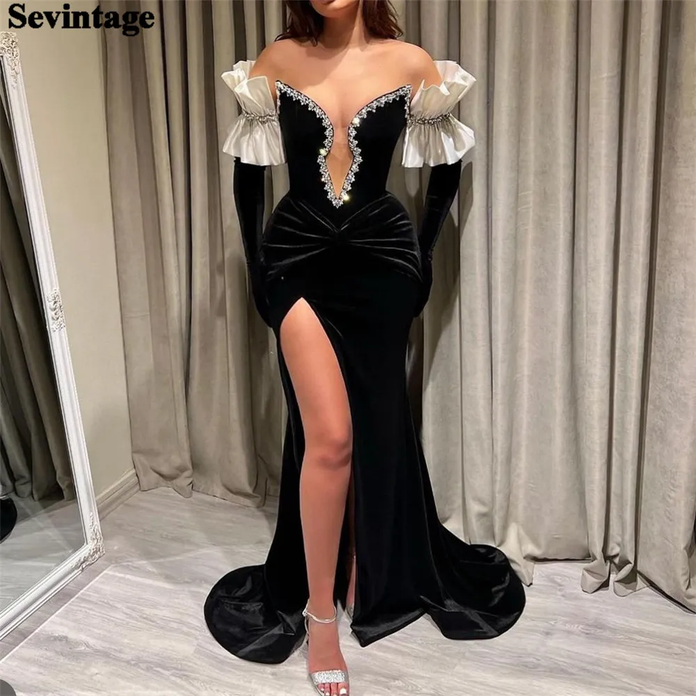 

Sevintage Black Mermaid Velvet Mermaid Prom Dress Ruffles Long Sleeves Sequineds Floor Length Evening Dress vestido de gala 2024