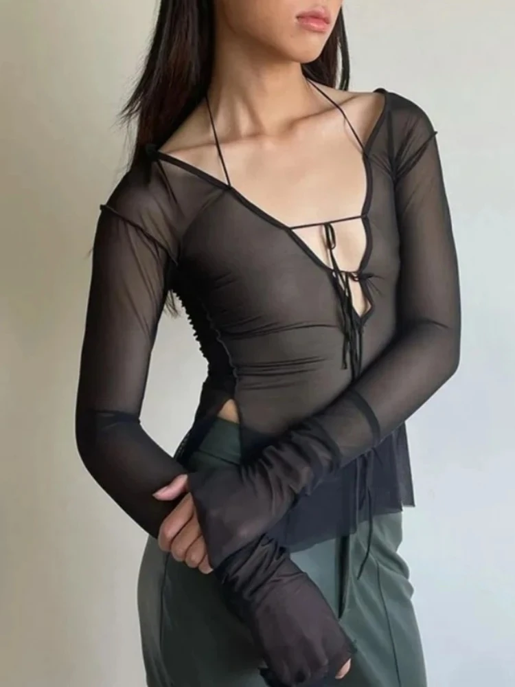 Maglia trasparente Maglietta nera Crop Top Donna Y2k Accessori Camicia femminista con lacci Manica lunga Camisetas Slim Fit Ropa De Mujer