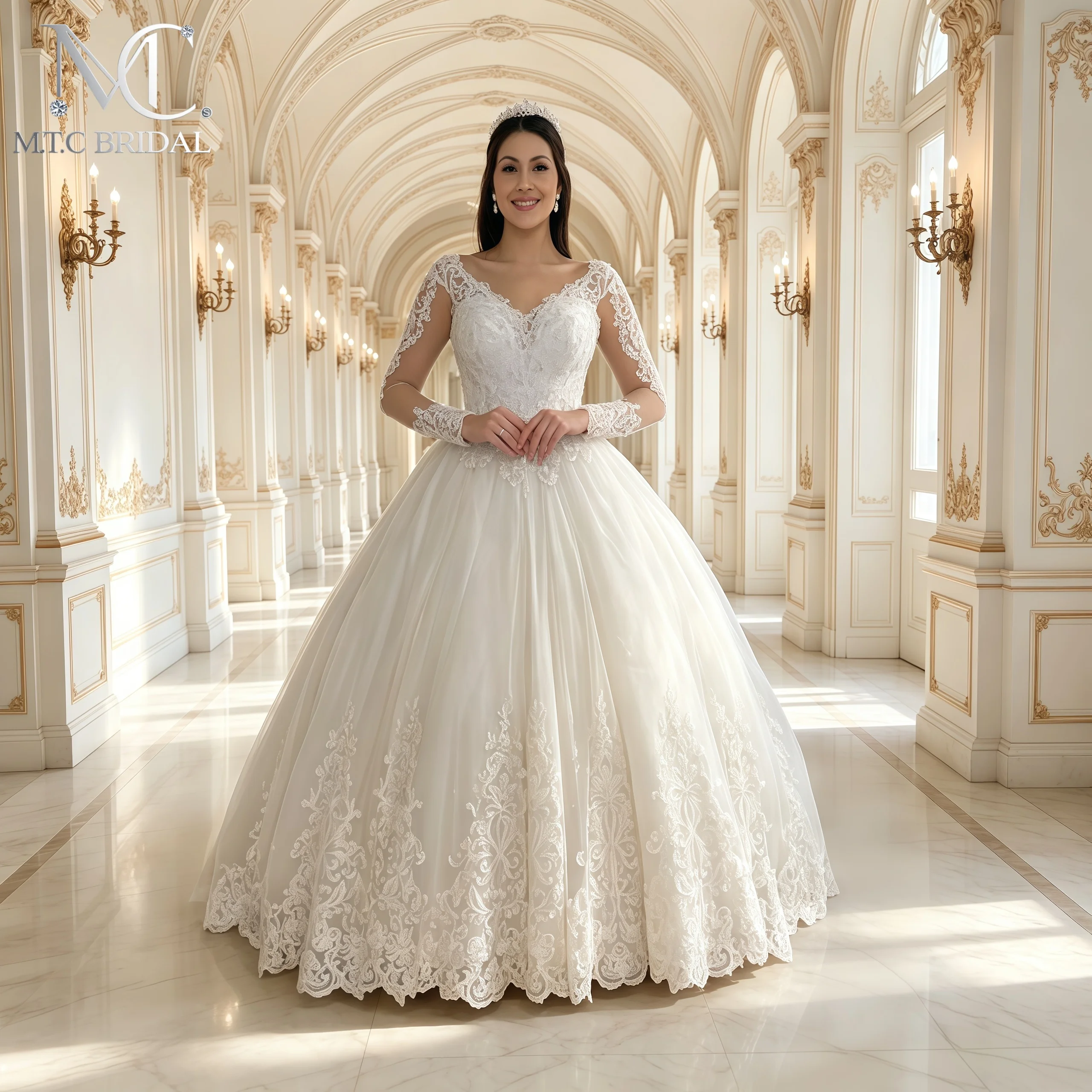 High Quality Lace Tulle Ball Gown Wedding Dress Long Sleeves Corset Back Appliques Gorgeous Wedding Bridal Gowns Robe De Mariee