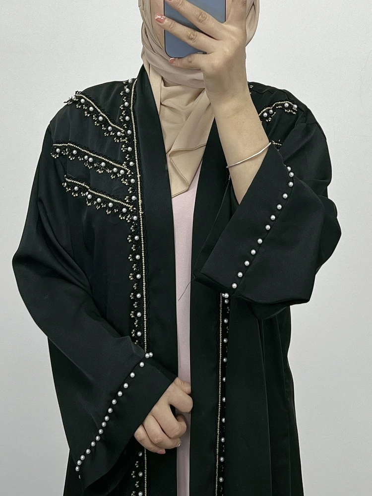 Women Eid Muslim Abaya Ramadan Morocco Dubai Cardigan Pearls Abayas Kaftan Vestidos Arab Modest Long Robe Beading Loose Belt