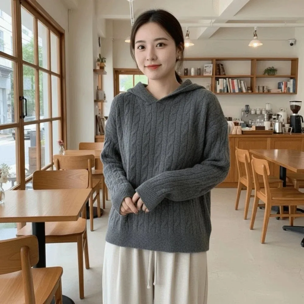 

Aesthetic Long Sleeve Knitted Hoodies Casual Loose Hooded Sweatshirts Simple Pullover Hooded Knitted Sweater School Student