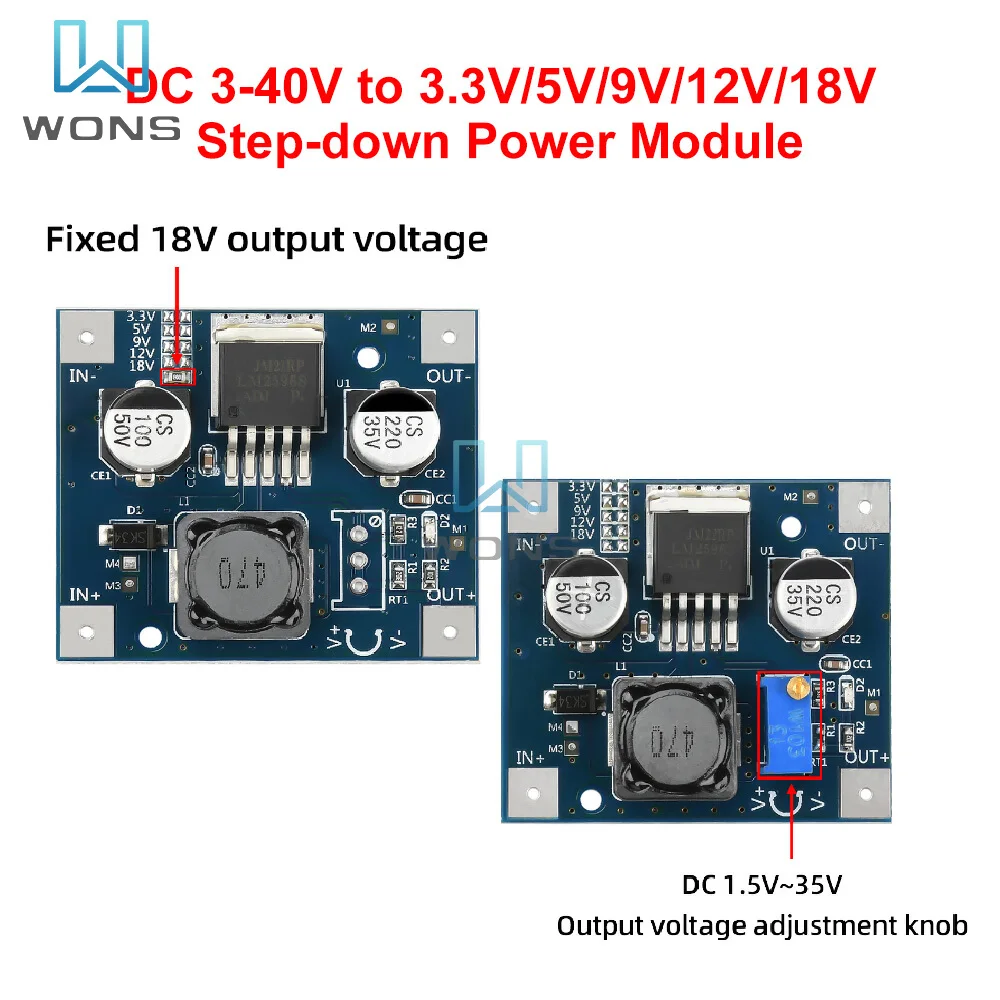 

LM2596 Step-Down Power Module DC 3-40V to 3.3V/5V/9V/12V/18V Adjustable Voltage DC 1.5-35V Durable Electronics Component