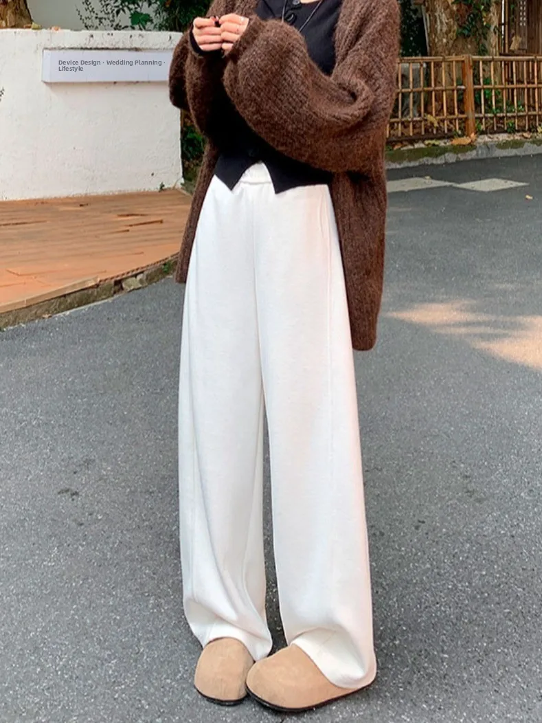 아세테이트 울 와이드 레그 팬츠 여성용 가을 겨울 부드러운 드레이프 하이웨이스트 슬림 스트레이트 레그 팬츠 캐주얼 슬레