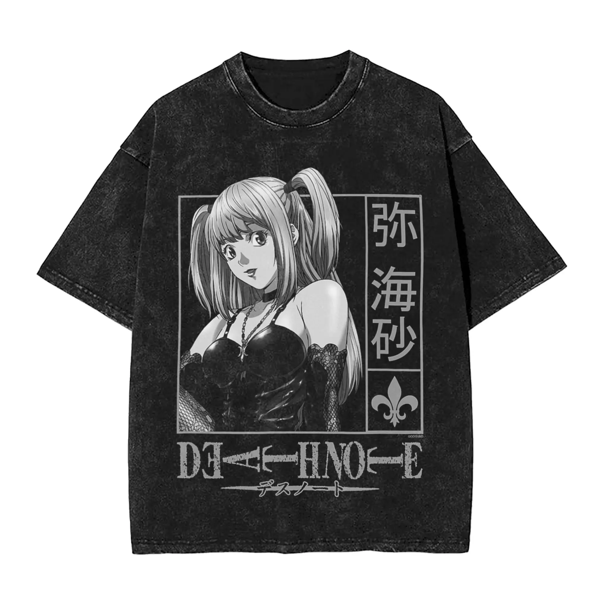 Death Note Misa Kanji Frame Anime T Shirt Hip Hop Washed Cotton High Street T-Shirt for Men Tops Streetwear Summer Tee Shirt