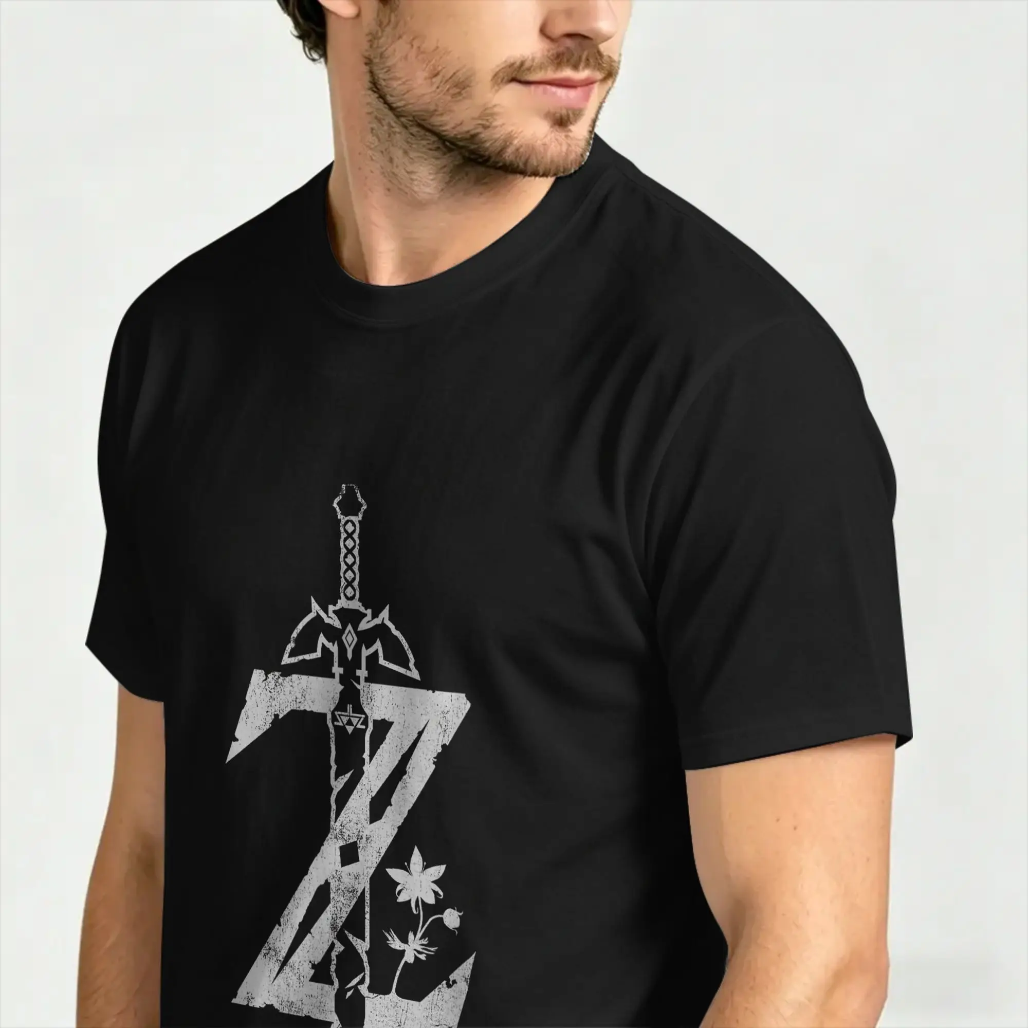 Zelda Breath Of The Wild Logo T-Shirt Strand-Baumwoll-T-Shirts für Männer, bedrucktes T-Shirt, kurzärmelig, Vintage-Kleidung – Detail 3