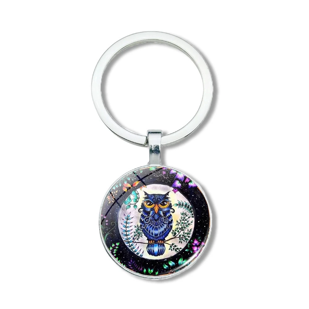 Coruja Padrão Rodada Pingente Keychain para homens e mulheres, Gem Tempo, 1Pc