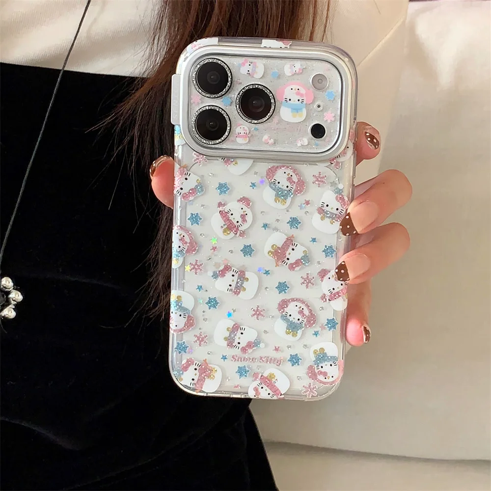 

Cute snowman Hellokitty flash diamond Case For Phone 15 Pro Max 14 13 16 Max 17 Cover With Lens Film Cartoon New Protective Fund