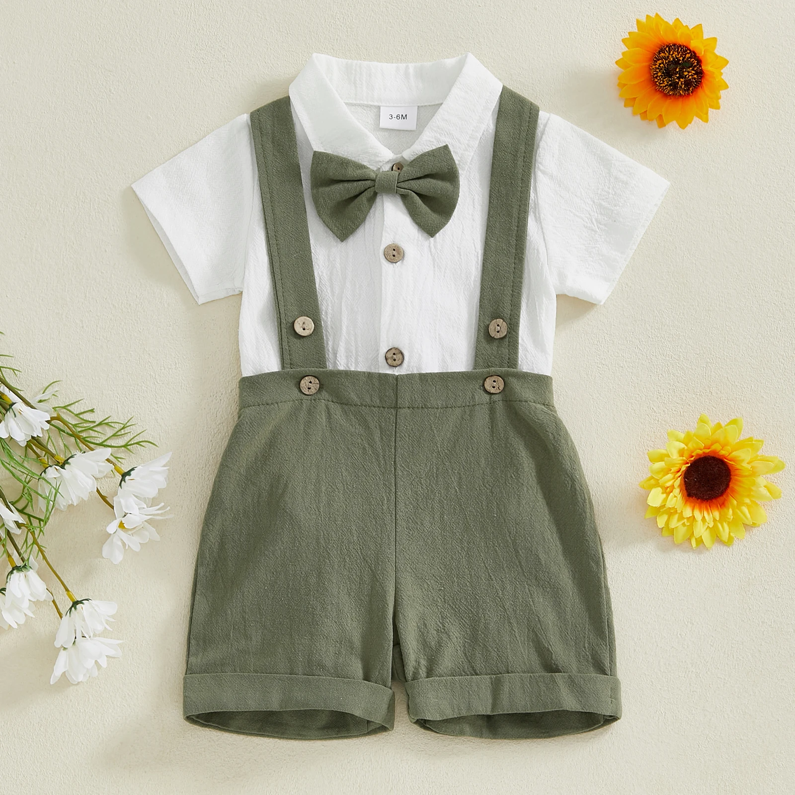 Baby Boy Gentleman Outfit Solid Color Short Sleeve Lapel Neck Romper with Suspender Shorts Bowtie 3Pcs Boys Formal Set