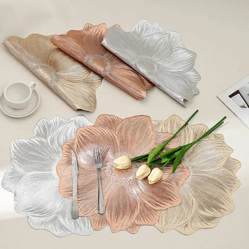 VIKAMA Champagne Lotus 3D Textured Flower Shape Round Placemats Heat Resistant Washable Non Slip Luxury Coffee Table Decor view 4