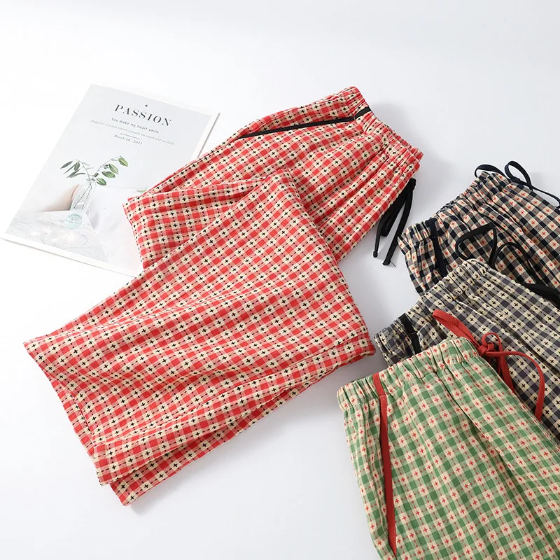 100% Cotton Yarn-Dyed Gauze Loungewear Pants. Ultra-Soft Breathable Plaid Pajama Bottoms with Elastic Waistband for All-Day