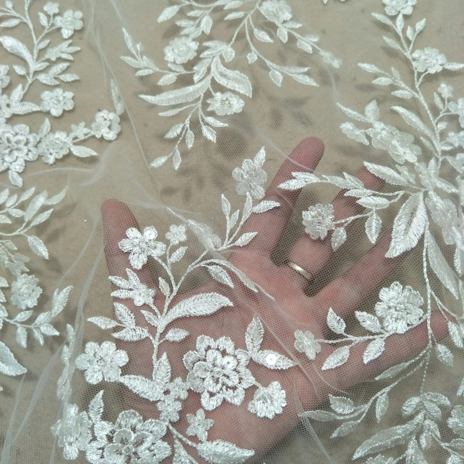 Fashion cute lace flower leafs lace fabric 130cm width bridal lace with sequins sell by yard