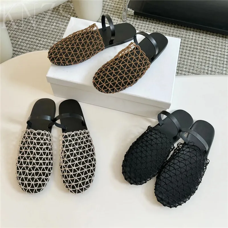 

Spring Summer New Round Toe Mesh Slippers Woman Concise Weave Hollow Out Genuine Leather Casual Flat Beach Shoes For Women 2024