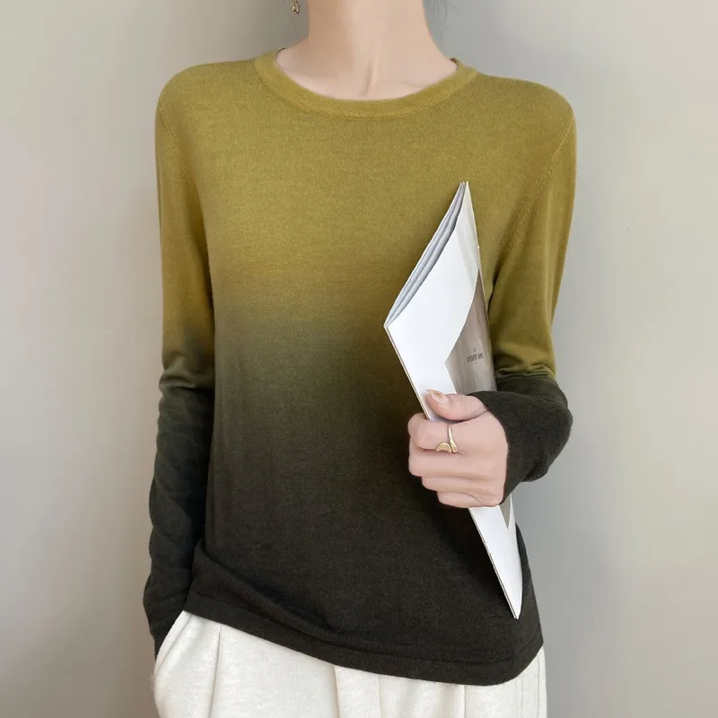 Women Round Neck Gradient Fine Wool Knit Sweater Fashion Versatile Long Sleeve Pullover Top