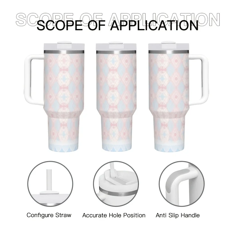 40oz Stainless Steel Handle Tumbler, Pink Blue Argyle Plaid Gradient Print Vacuum Insulated Thermal Cup for Travel Driving Office