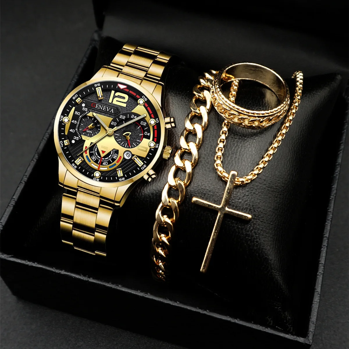 4PCS/Set Fashion Men Business Watches Arabic Dial Quartz Watch for Mens Clock Jewelry Set Reloj Hombre（Without Box）
