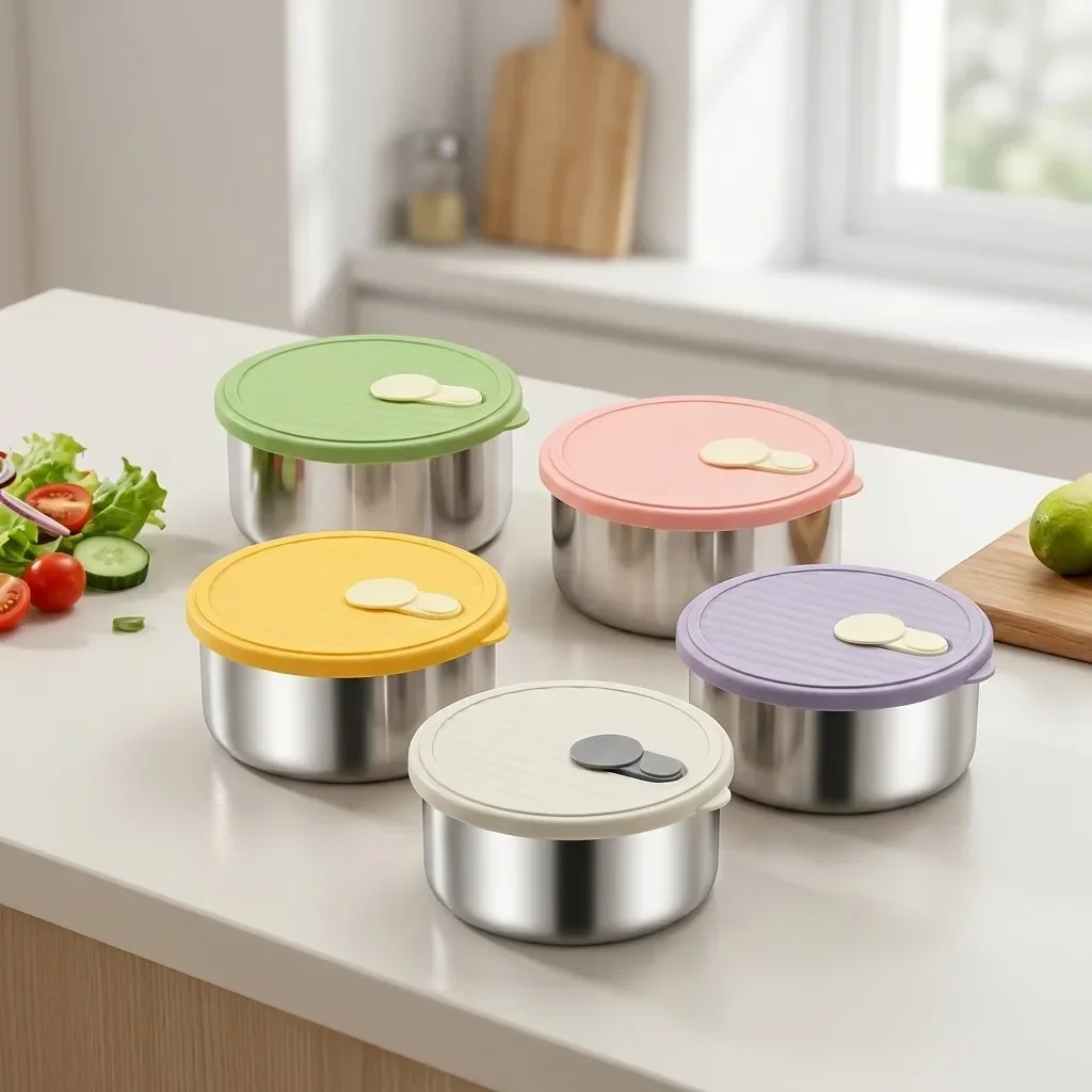 Food Storage Container 304 Stainless Steel Round Sealed Jar With Lid Large Capacity Refrigerator Storage Box Microwave Heatable
