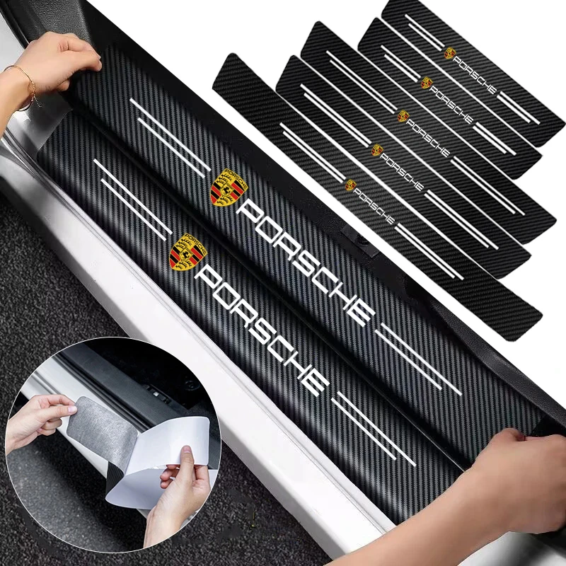 1/4/5Pcs Car Door Sill Scuff Plate Decor Carbon Fiber Stickers For Porsche 911 Cayenne Cayman Panamera Macan Taycan Boxster 928