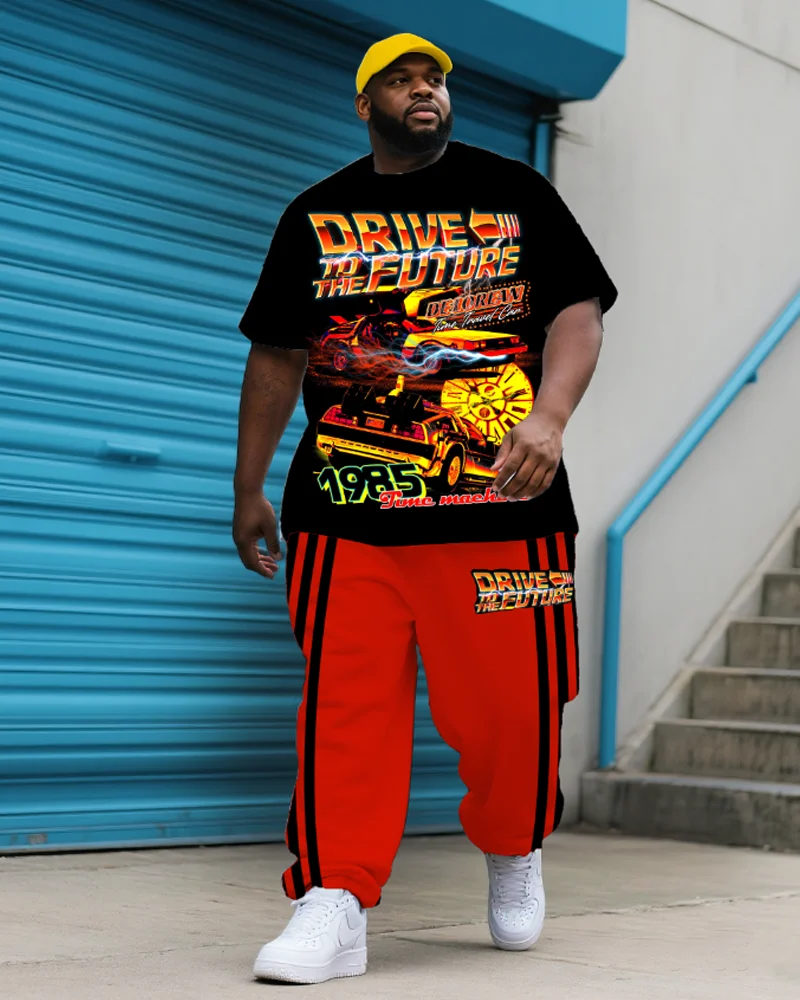 

S-9XL Men's Plus Size American Street Racing Print Short Sleeve T-shirt and Pants Two-Piece Set