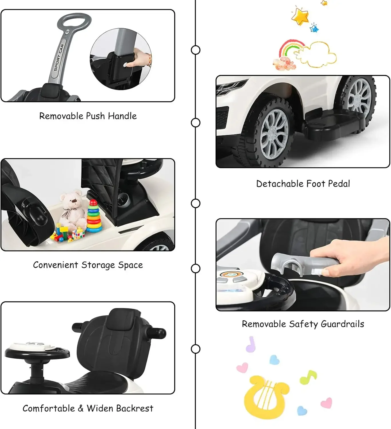 3 in 1 Ride on Push Car, Stroller Sliding Walking Car with Horn, Music, Light, Under Seat Storage, Parental Handle, Armrest Guar