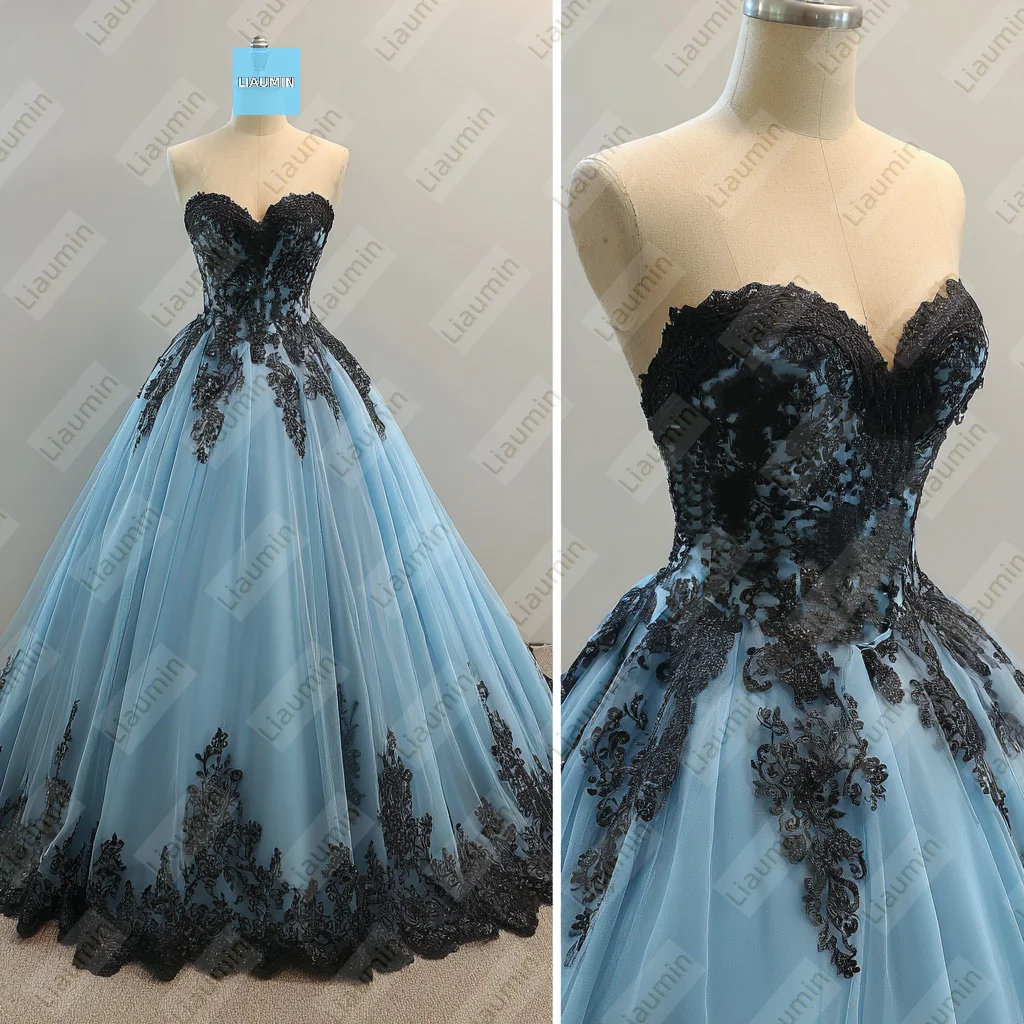 

Blue and Black Lace Applique Strapless Full Length Evening Prom Wedding Formal Dress Lace-up Back Customized Made A7-1.88