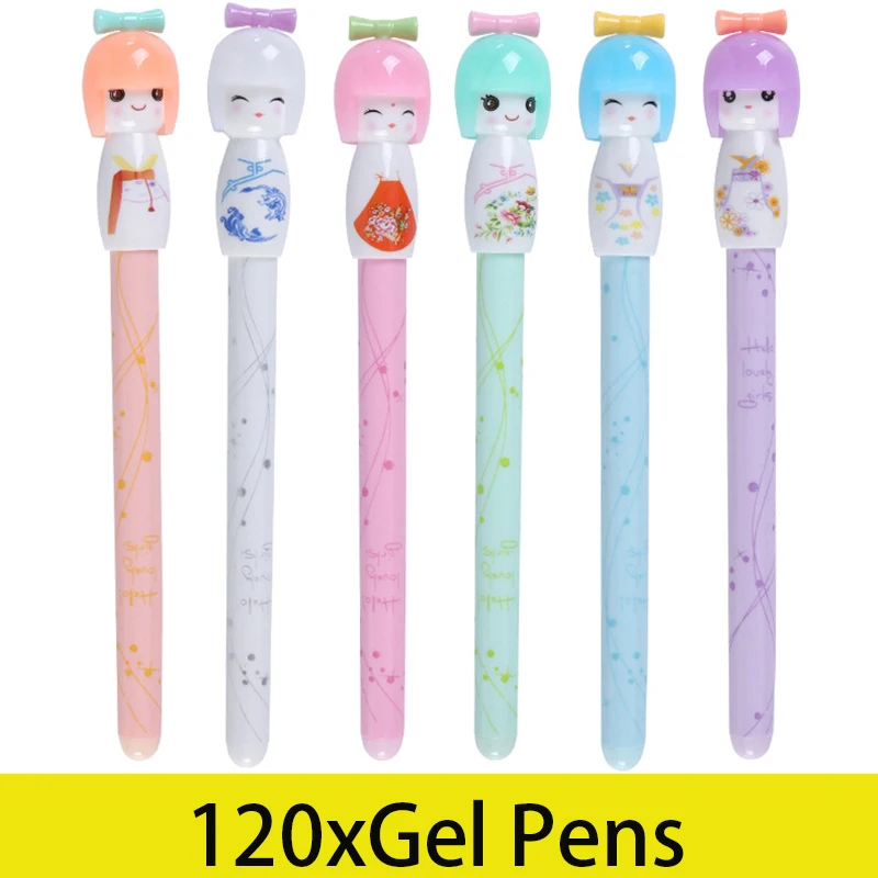 120Pcs Japanese Doll Black Ink Ballpoint Writing Pen Plastic Gel Pens for Office School Children Gift Stationery Supplies