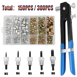 150/300pcs Rivet Nuts Gun Flatheadscrew Pop Nut Rivet Gun Set Mandrel Kit Nut Rivet Repair Rivetgun Hand Tools M3/M4/M5/M6/M8