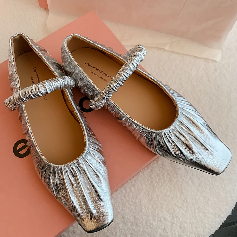 Fashion Pleated Women Flats Shoes Spring Summer New Genuine Leather Shoes Woman Low Heels Square Toe Mary Janes Shoes Size 34-39