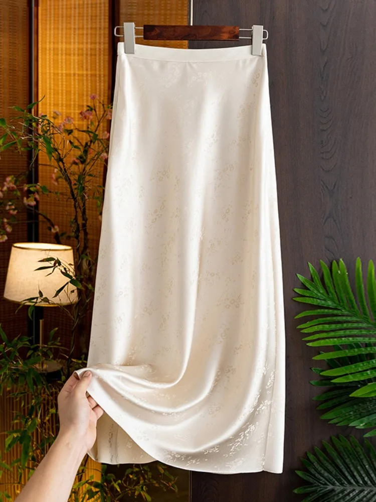 New Chinese Style National Trend Embroidered Acetate Satin A-Line Skirt Women's Spring High-End Sensation Slim Side Slit